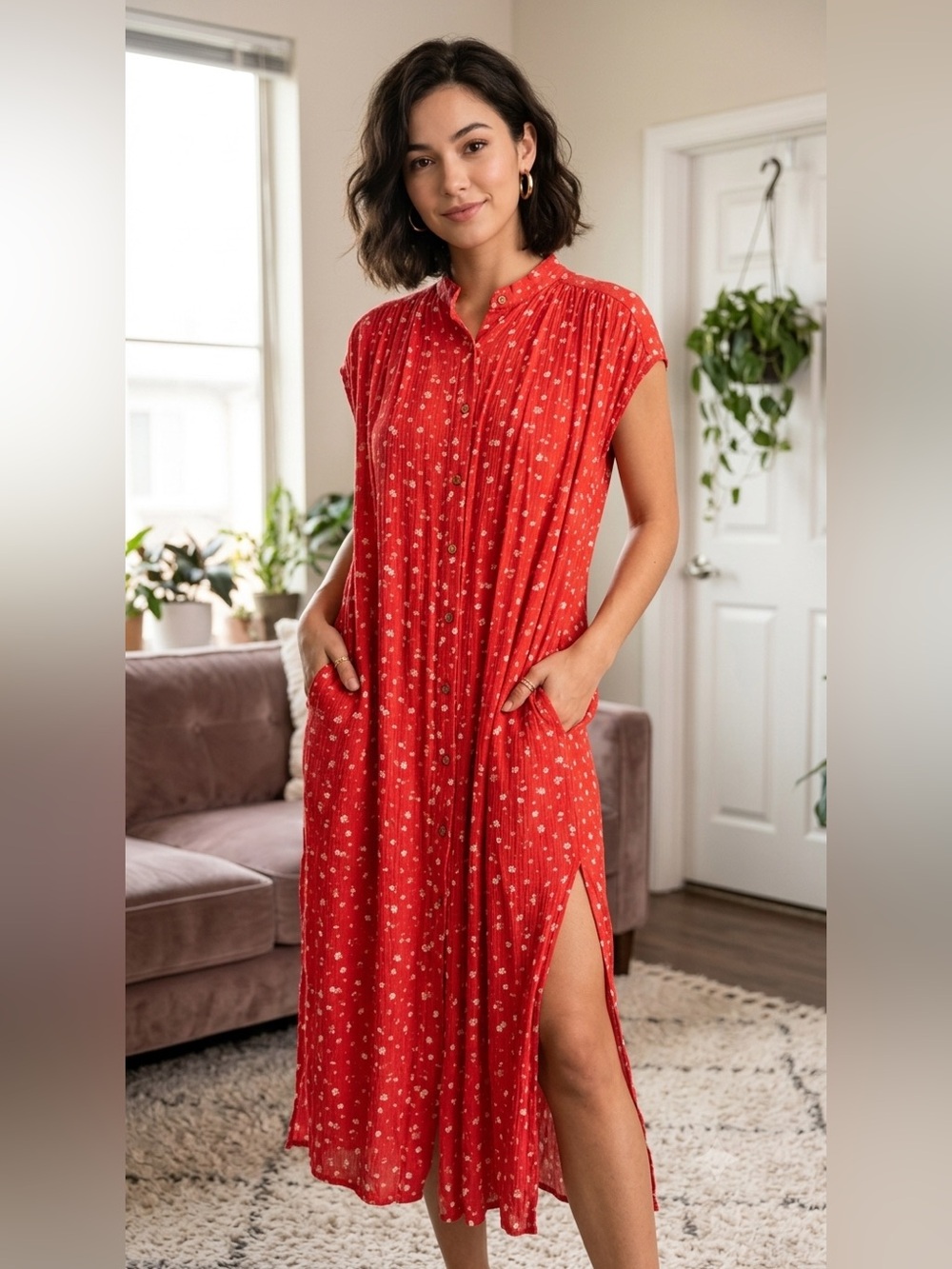 Sadie & Sage Red Floral Button-Front Maxi Nightgown with Pockets